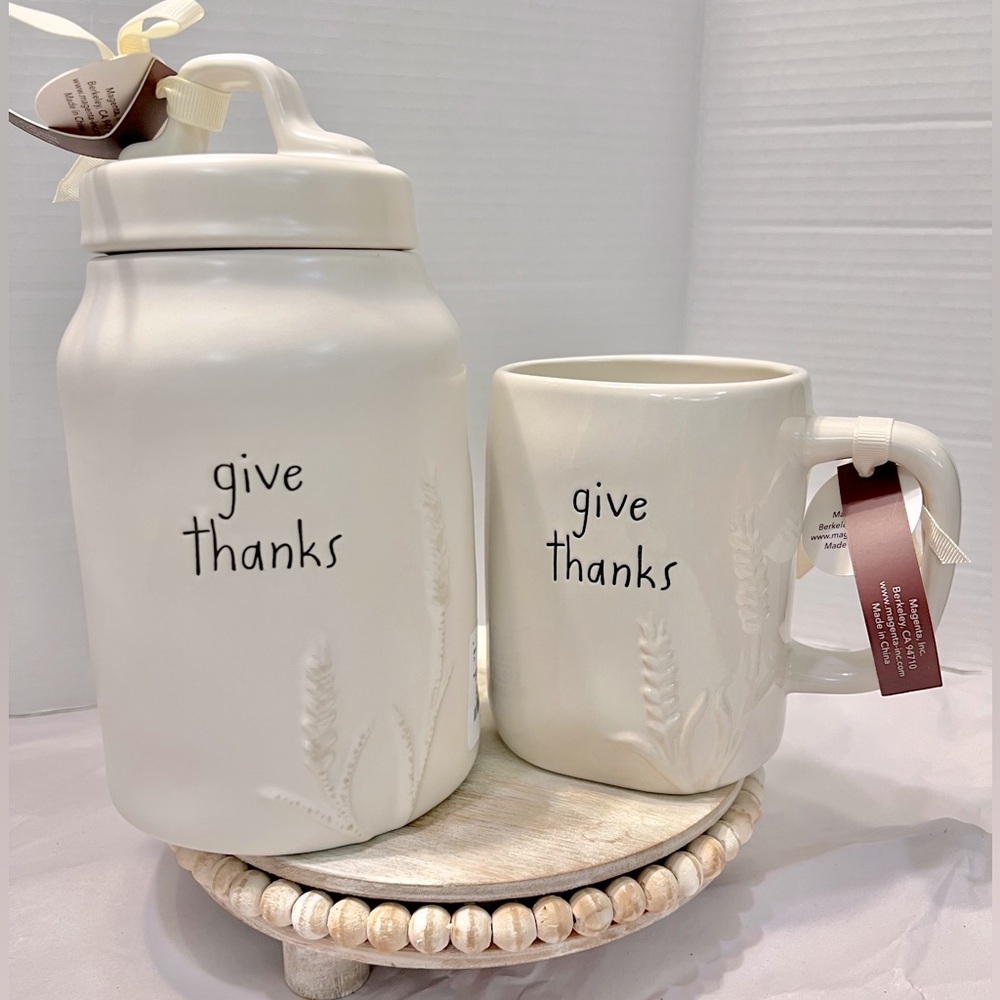 Rae Dunn Give thanks canister and mug